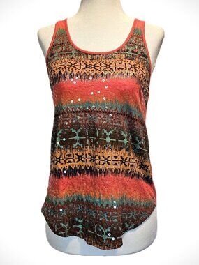 Express | Sequin Tank Top | Tribal Y2K | Coral Multi | XS